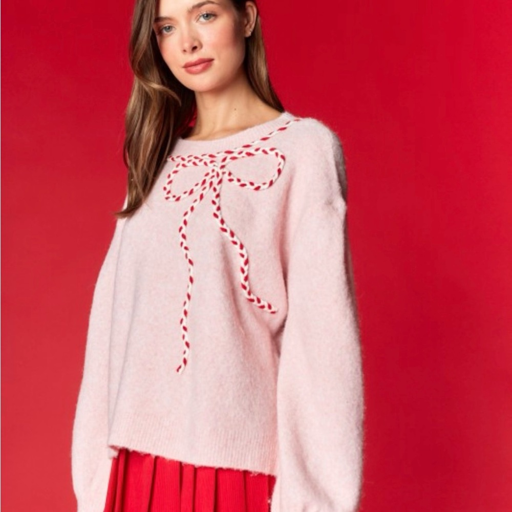 Rareraw Sweater in Pink with Candy Cane Bow. Recycled Finer Blend. NWT - Picture 12 of 16